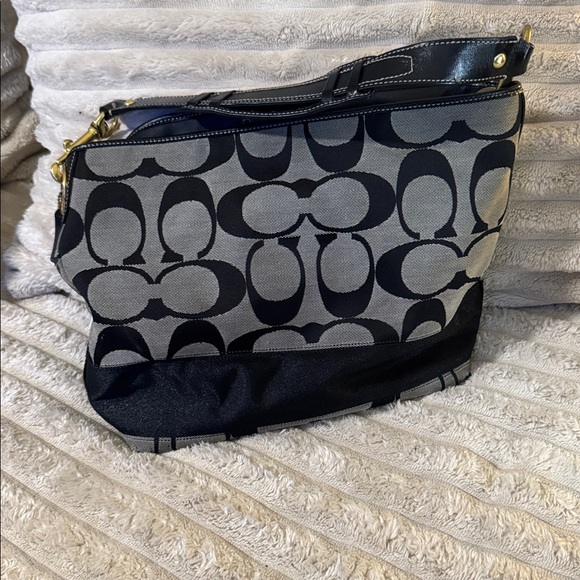 Coach Handbags - Coach Signature Canvas Shoulder Bag Black Gray Hobo Tote Purse vintage